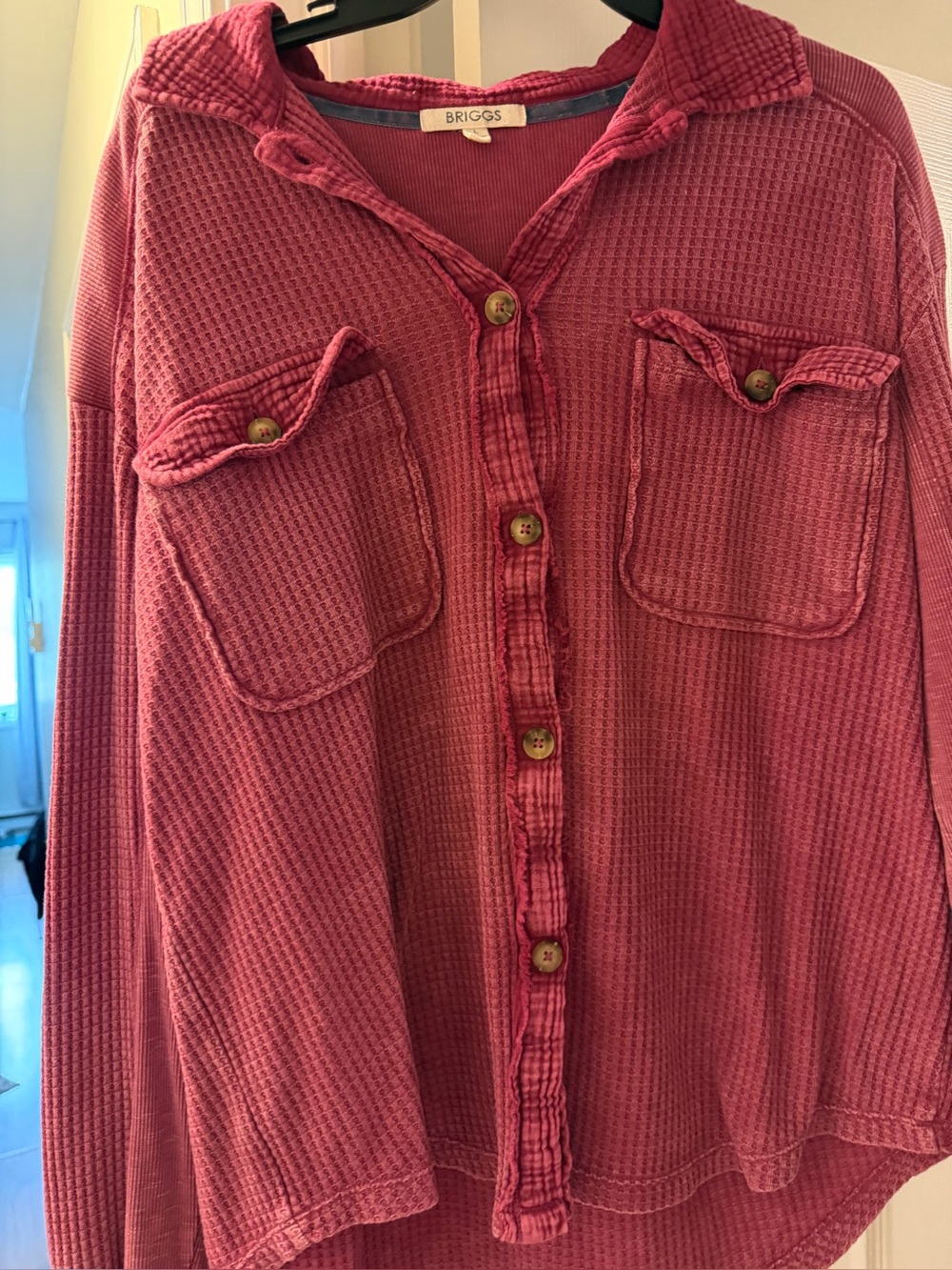 women's button-down waffle knit shirt jacket or "shacket from the brand Briggs